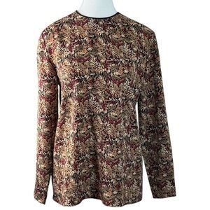 Angelica Vintage 1994 Leaf Print Rayon Blouse Long Sleeve USA Made Sz 2 Black